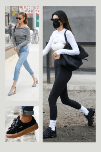 Collage of Kendall Jenner, Rihanna, and Bella Hadid wearing comfort shoes